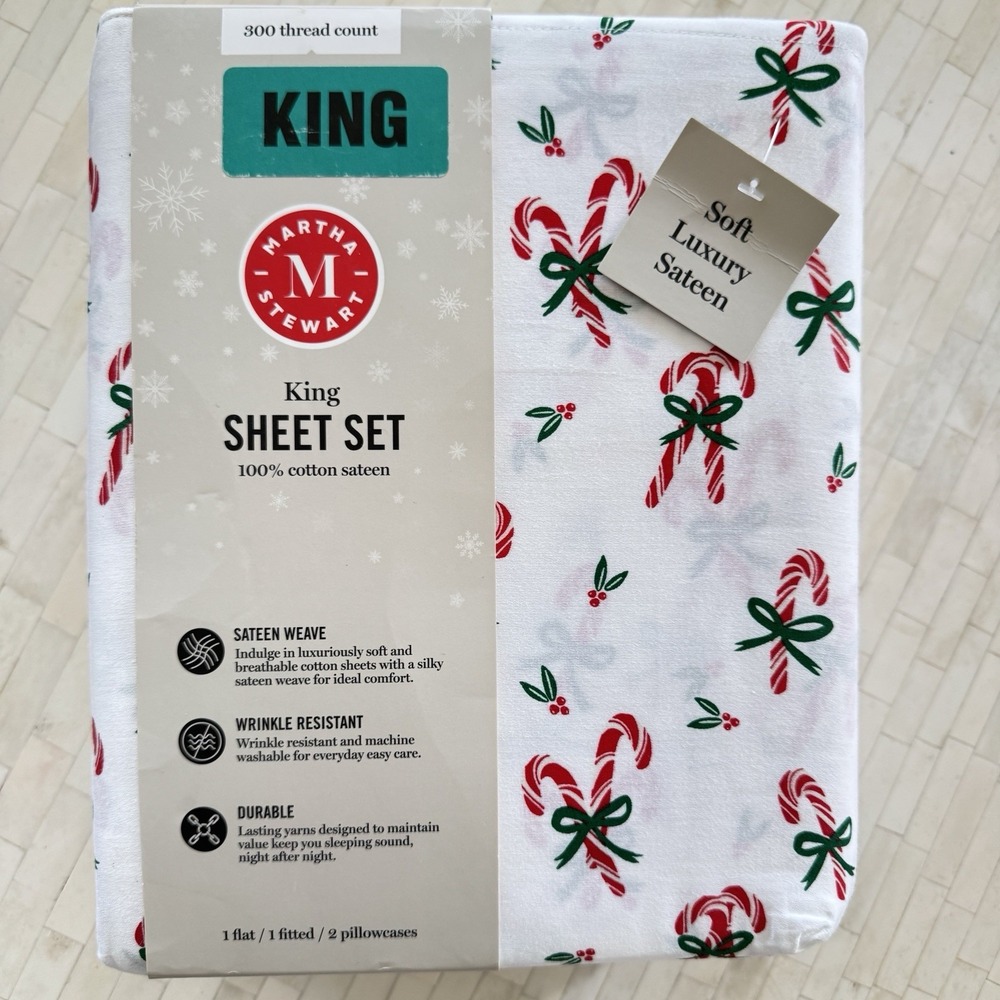 New Martha Stewart Holiday‎ Christmas KING Sheet Set Candy Canes Cotton Cottage